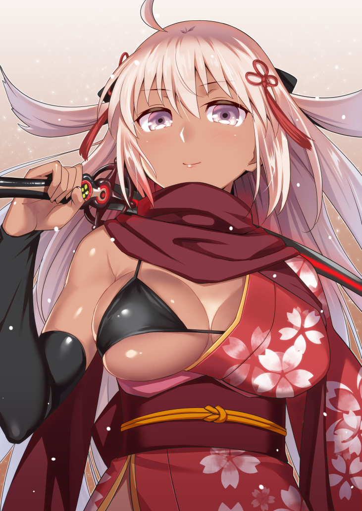 1girl, ahoge, alternate_costume, bangs, bare_shoulders, bikini, black_bikini, blonde_hair