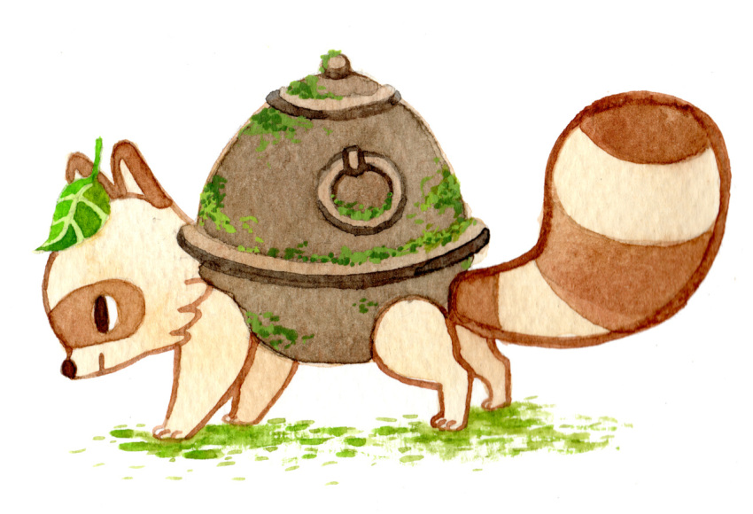 1girl, commentary, english_commentary, from_side, full_body, heikala, leaf, leaf_on_head, moss, no_humans, original, pot, raccoon, simple_background, smile, solo, tanuki, traditional_media, watercolor_(medium), white_background