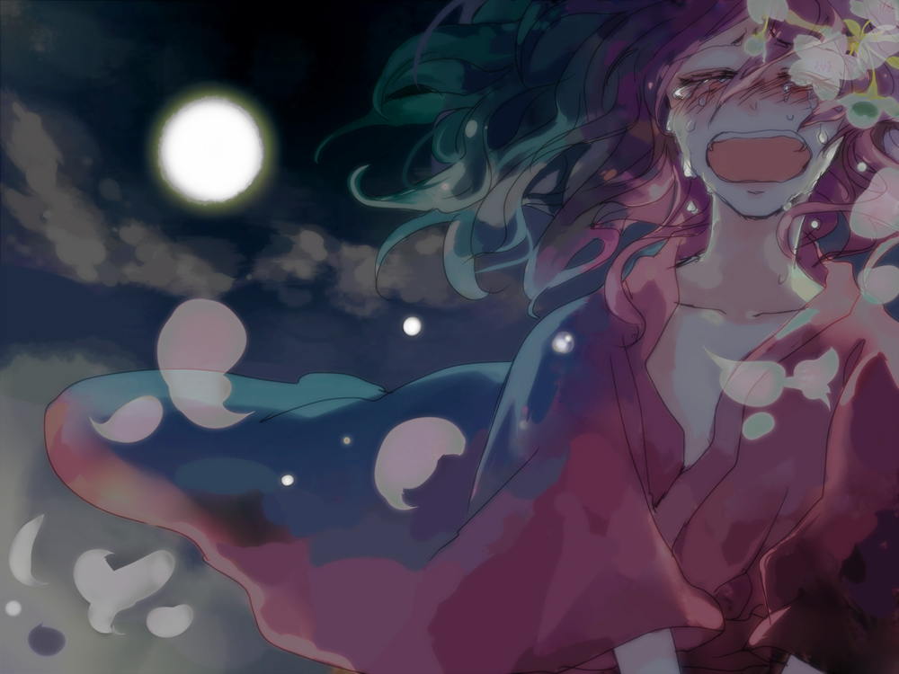 closed_eyes, cloud, clouds, full_moon, moon, night, night_sky, pink_hair