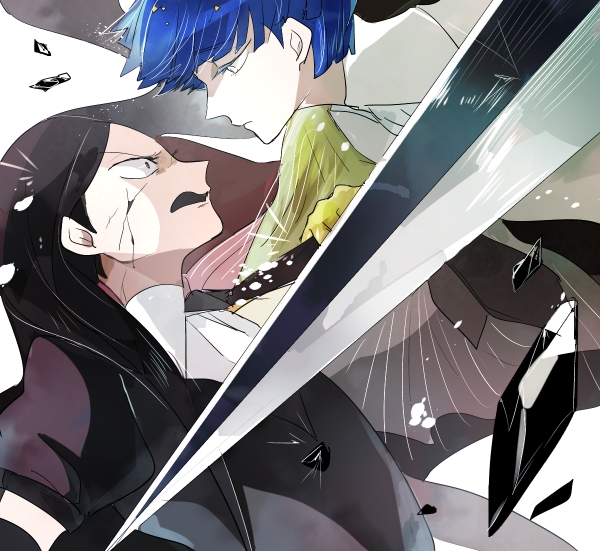 2others, androgynous, angry, bangs, black_eyes, black_hair, blue_hair, blunt_bangs