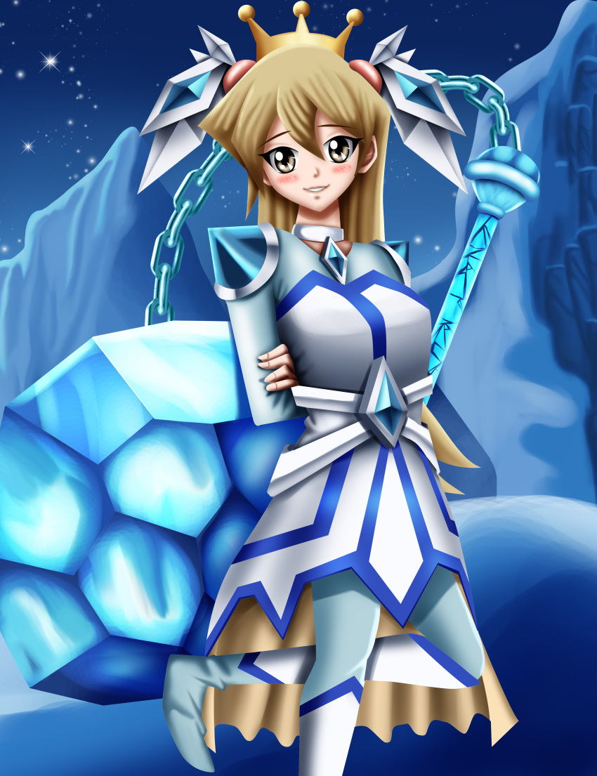 1girl, amulet, arms_behind_back, ball_chain, blizzard_princess, blonde_hair, blush, chain, cosplay, crystal, cute, dancing, ice, ice_ball, long_hair, mountain, sincity2100, smile, snow, tenjouin_asuka, white_dress, yellow_eyes, yu-gi-oh!, yugioh_gx, yuu-gi-ou, yuu-gi-ou_gx