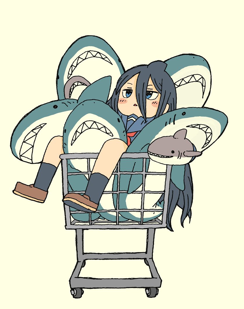 1girl, blue_eyes, blue_legwear, blush_stickers, dark_blue_hair, full_body, hand_puppet, loafers