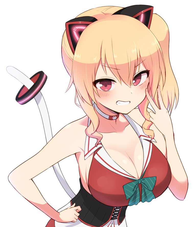 .live, 1girl, animal_ears, bangs, bare_shoulders, blonde_hair, bow, breasts