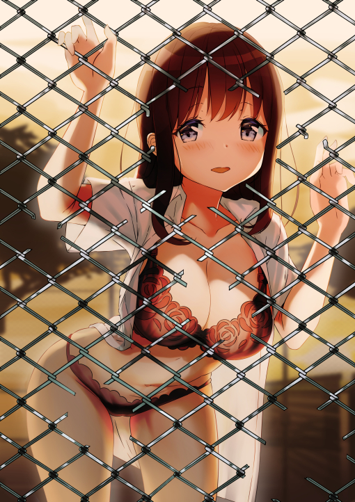 1girl, arm_up, bangs, bent_over, black_bra, black_panties, blurry, blurry_background
