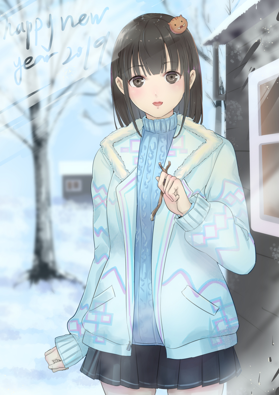 1girl, 2019, :d, bangs, bare_tree, black_hair, blue_sweater, blunt_bangs