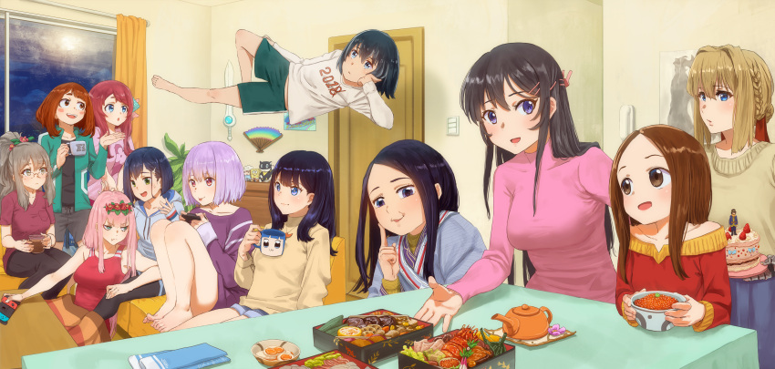 absurdres, asirpa, bangs, beige_sweater, black_hair, blonde_hair, blue_eyes, blue_hair