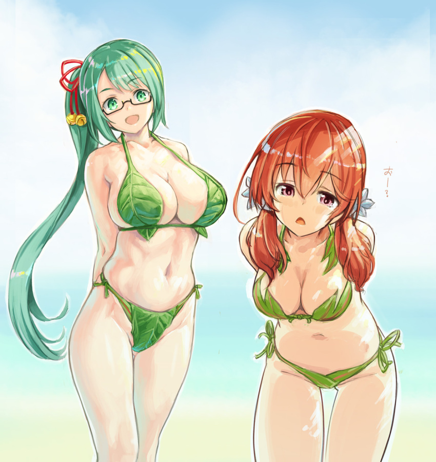 .live, 2girls, :d, ?, arms_behind_back, bangs, bell, bikini