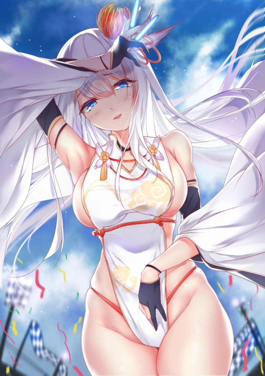 1girl, adapted_costume, arm_strap, azur_lane, bangs, bare_shoulders, black_gloves, blue_eyes, blue_sky, blush, breasts, chengcheng2b, choker, clouds, confetti, detached_sleeves, eyebrows_visible_through_hair, flower, gloves, glowstick, hair_flower, hair_ornament, highres, large_breasts, long_hair, looking_at_viewer, mole, mole_under_eye, open_mouth, outdoors, partly_fingerless_gloves, pelvic_curtain, racequeen, rope, shoukaku_(azur_lane), sidelocks, silver_hair, skindentation, sky, smile