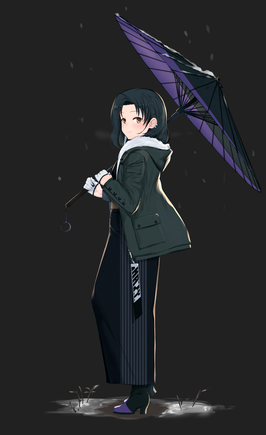 1girl, black_background, black_coat, black_footwear, black_hair, black_skirt, blush, brown_eyes