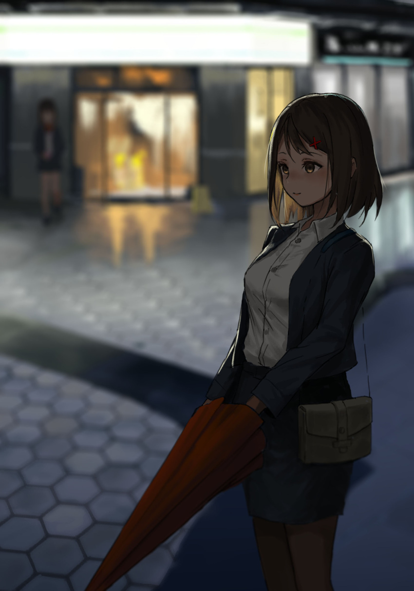 1girl, bag, blue_jacket, blurry, blurry_background, brown_eyes, brown_hair, business_suit