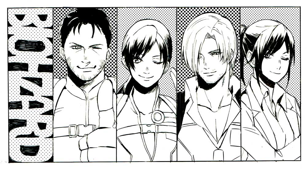 ankomochi, breasts, chris_redfield, claire_redfield, commentary_request, fingerless_gloves, gloves, jill_valentine