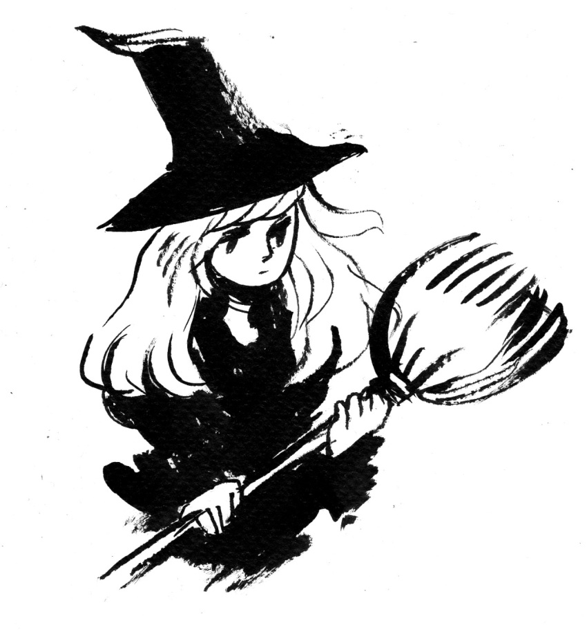 1girl, broom, commentary, dress, english_commentary, greyscale, hat, heikala