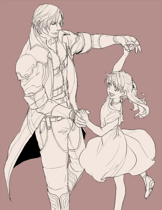 1boy, 1girl, coat, commentary_request, dante_(devil_may_cry), devil_may_cry, devil_may_cry_(anime), dress