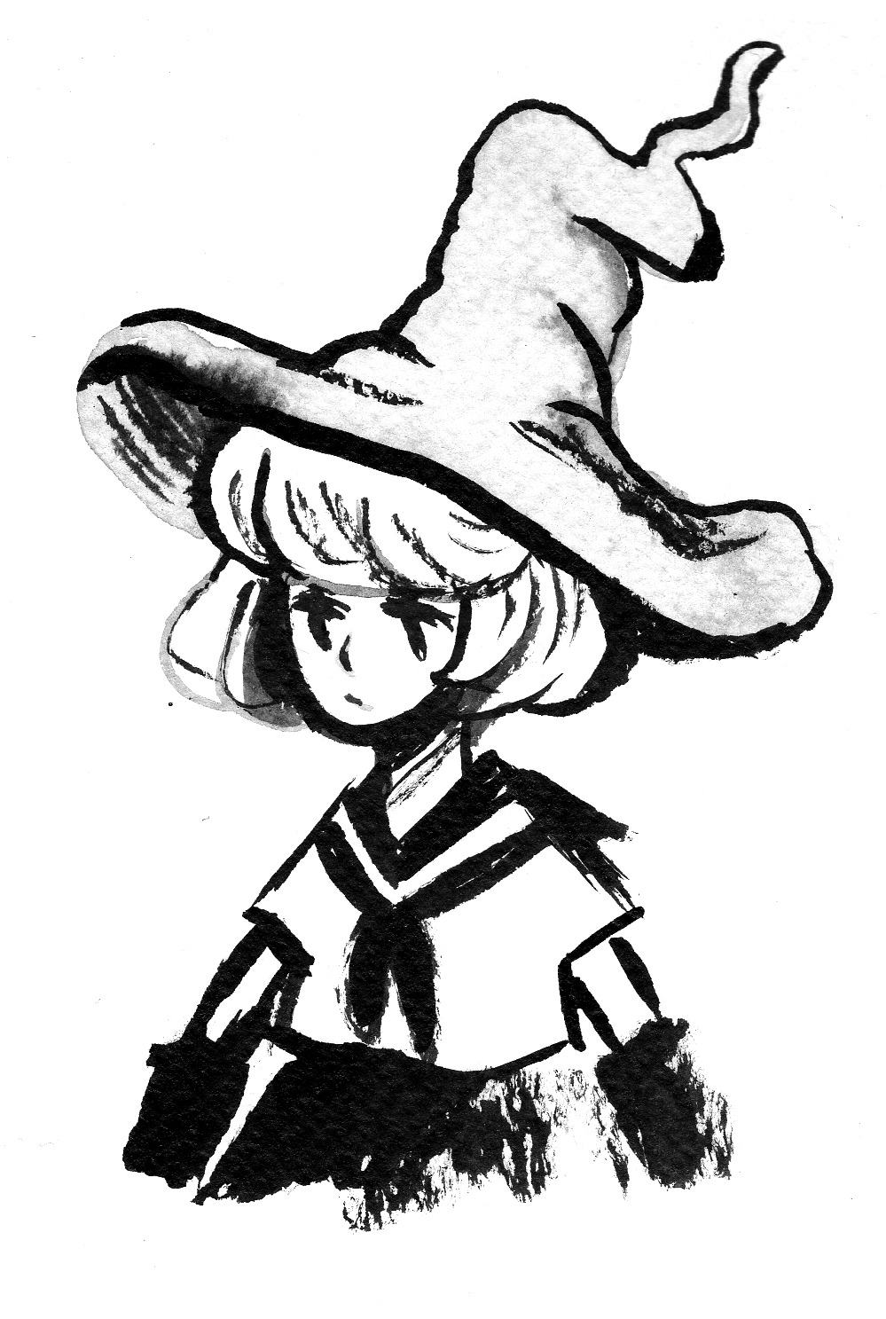 1girl, arms_at_sides, greyscale, hat, heikala, highres, ink_(medium), looking_to_the_side