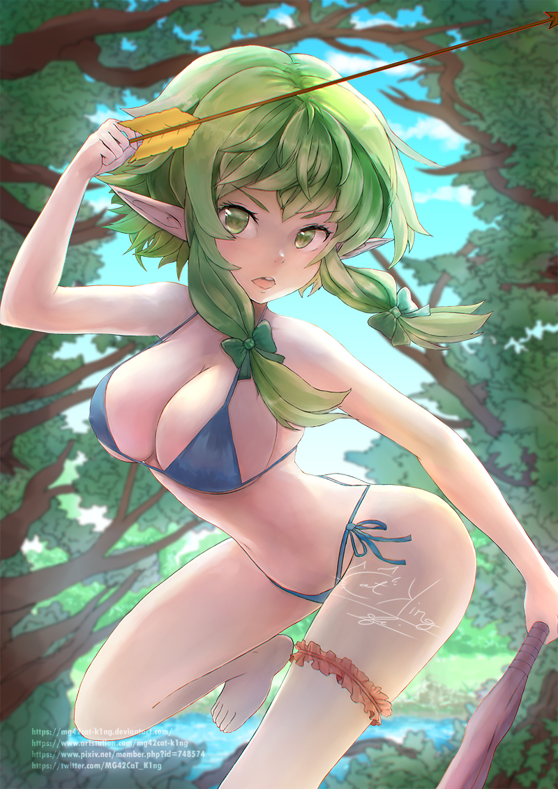 1girl, alternate_breast_size, arrow, artist_name, barefoot, bikini, blue_bikini, blue_sky