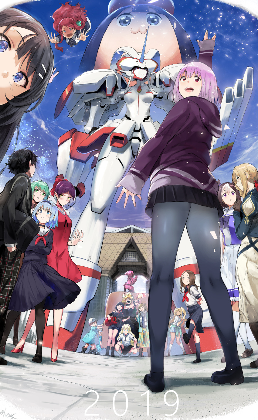 1boy, 2019, 6+girls, absurdres, ahoge, amamiya_ren, animal_ears, annotated, aqua_sweater, arm_up, asobi_asobase, ass, bandage, bang_dream!, bangs, black_bow, black_choker, black_collar, black_dress, black_footwear, black_hair, black_hairband, black_legwear, black_skirt, blonde_hair, blue_eyes, blue_hair, blue_jacket, blue_legwear, blue_shirt, blue_skirt, blue_sky, blush, bow, bowsette, bracelet, braid, breasts, breathing_fire, brooch, brown_eyes, brown_footwear, brown_hair, building, bullpup, child, choker, closed_mouth, clothes_around_waist, clouds, collar, comiket, crossover, darling_in_the_franxx, day, dress, elf, eyebrows_visible_through_hair, falling, fire, flat_cap, forehead, forehead_scar, full_body, gegege_no_kitarou, gloves, goblin_slayer!, green_eyes, green_hair, grey_hat, guitar, gun, hair_between_eyes, hair_bobbles, hair_bow, hair_intakes, hair_ornament, hair_ribbon, hairband, hairclip, hand_up, hat, hataraku_saibou, hews_hack, high_elf_archer_(goblin_slayer!), high_heels, highres, holding, holding_gun, holding_instrument, holding_microphone, holding_weapon, hood, hood_down, hooded_jacket, horse_ears, horse_girl, huge_filesize, instrument, inuyama_aoi, jacket, jewelry, karakai_jouzu_no_takagi-san, kneehighs, large_breasts, lavender_hair, llenn_(sao), loafers, long_hair, long_sleeves, looking_at_viewer, mecha, microphone, minamoto_sakura, mitake_ran, multicolored_hair, multiple_crossover, multiple_girls, neckerchief, nekomusume, nekomusume_(gegege_no_kitarou_6), new_super_mario_bros._u_deluxe, nintendo, off_shoulder, olivia_(asobi_asobase), one_knee, open_mouth, outdoors, p-chan_(p-90), p90, paid_reward, pantyhose, parted_bangs, patreon_reward, persona, persona_5, pink_gloves, pink_hair, pink_hat, pipimi, plaid, plaid_skirt, platelet_(hataraku_saibou), pleated_skirt, pointy_ears, polka_dot, polka_dot_bow, poptepipic, pout, purple_hair, purple_jacket, rabbit_ears, red_bow, red_choker, red_dress, red_eyes, red_footwear, red_ribbon, redhead, ribbon, ryuuou_no_oshigoto!, sakurajima_mai, scarf, school_uniform, seishun_buta_yarou, serafuku, sharp_teeth, shinjou_akane, shirt, shoes, short_hair, short_sleeves, side_ponytail, sidelocks, silver_hair, skirt, sky, sleeves_past_wrists, smile, snowflake_hair_ornament, sora_ginko, special_week, spiked_armlet, spiked_bracelet, spiked_collar, spikes, squatting, ssss.gridman, strapless, strapless_dress, strelizia, submachine_gun, sunohara_nana, sunoharasou_no_kanrinin-san, super_crown, super_mario_bros., sweatdrop, sweater_around_waist, sword_art_online, sword_art_online_alternative:_gun_gale_online, takagi-san, tan, teeth, tokyo_big_sight, turtle_shell, twintails, two-tone_hair, umamusume, violet_evergarden, violet_evergarden_(character), violet_eyes, weapon, white_hair, white_legwear, white_neckwear, white_shirt, year_connection, yellow_eyes, yurucamp, zombie_land_saga