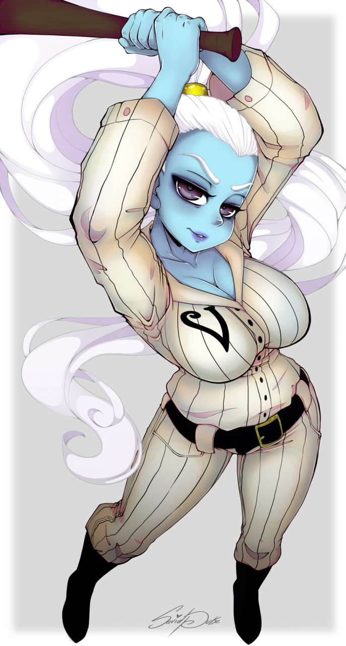 1girl, arms_up, baseball_bat, baseball_uniform, belt, belt_buckle, blue_lips, blue_skin