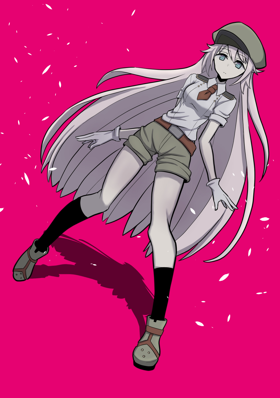 1girl, belial_(megido72), belt, black_legwear, blue_eyes, brown_shorts, dutch_angle, expressionless