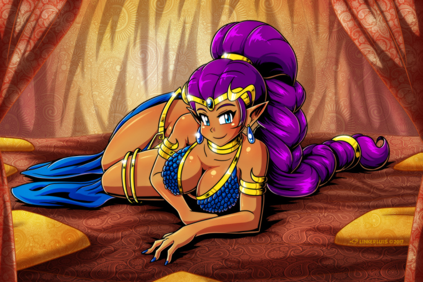 1girl, armlet, bikini, blue_bikini, blue_eyes, blue_nails, braid, breasts