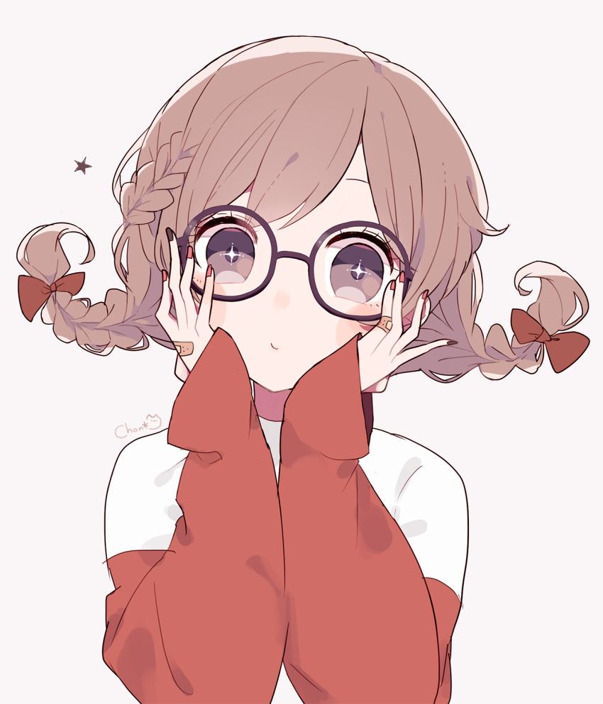 1girl, bandaid_on_hand, bangs, black-framed_eyewear, black_nails, bow, braid, brown_eyes