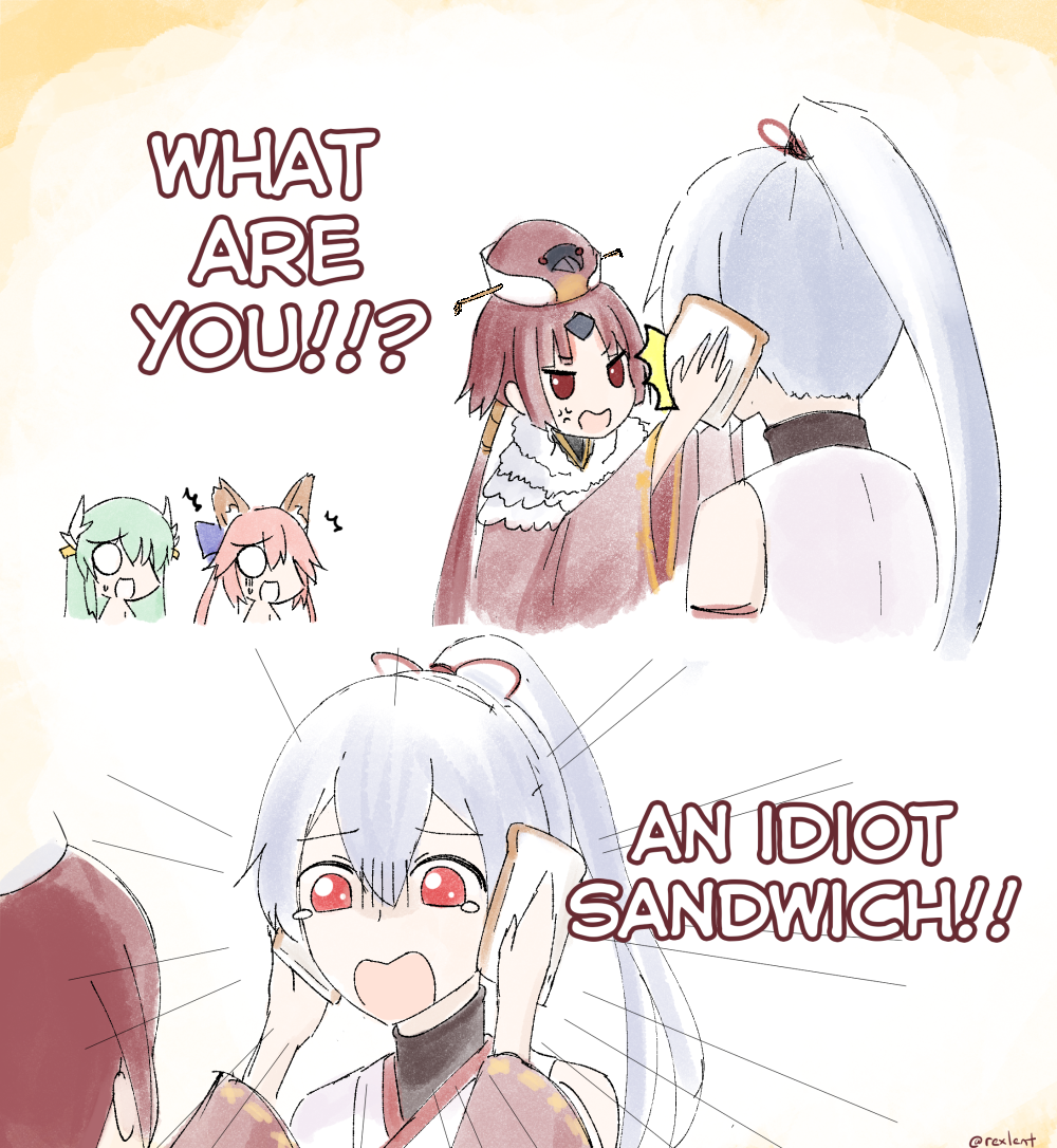 4girls, anger_vein, animal_ears, benienma_(fate/grand_order), commentary, dragon_horns, emphasis_lines, english_commentary