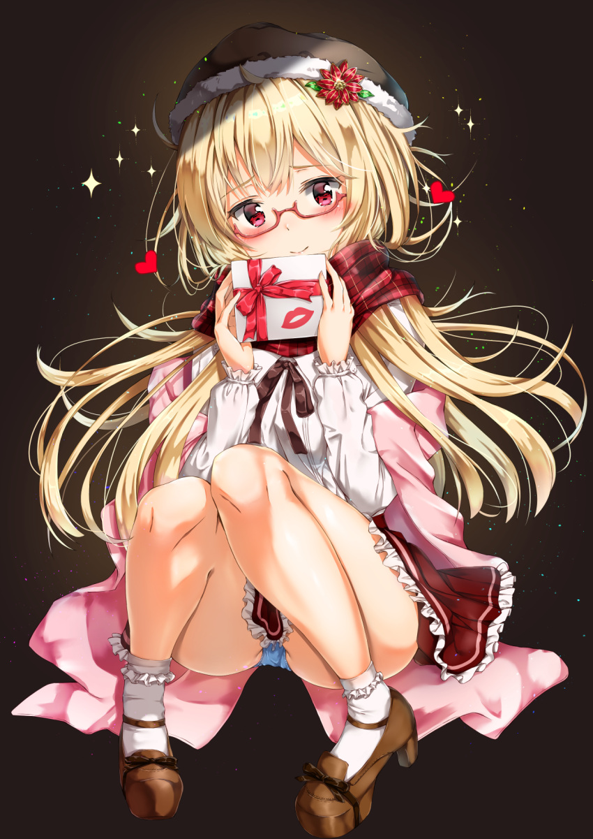 1girl, ass, bangs, black_background, black_footwear, black_hat, black_neckwear, blonde_hair