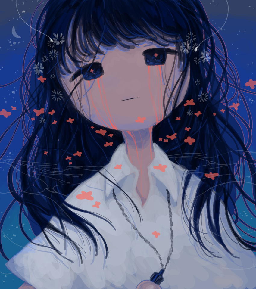 1girl, abstract, absurdres, antennae, bangs, black_eyes, black_hair, blood