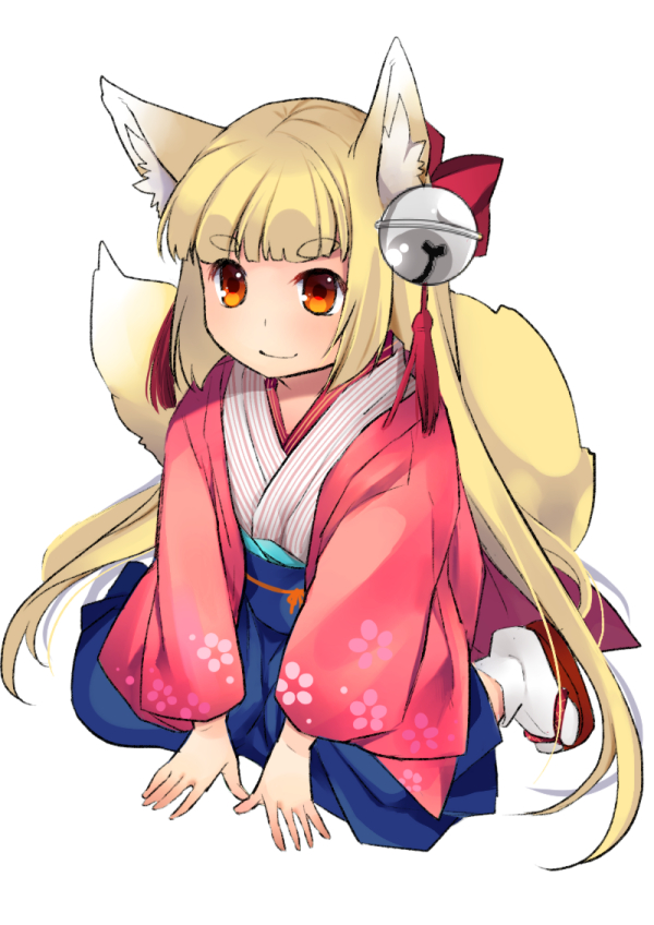 1girl, animal_ears, bell, blonde_hair, blue_hakama, brown_eyes, fox_ears, fox_tail