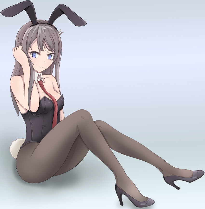 1girl, absurdres, adjusting_hair, animal_ears, black_footwear, black_hairband, black_legwear, black_leotard