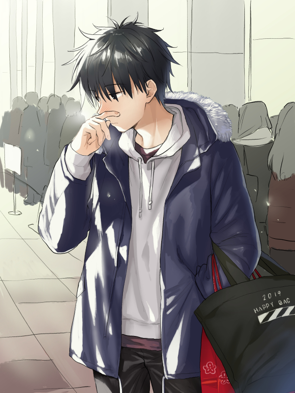 1boy, bag, black_hair, blush, chigusa_kasumi, hand_in_pocket, hood, hoodie
