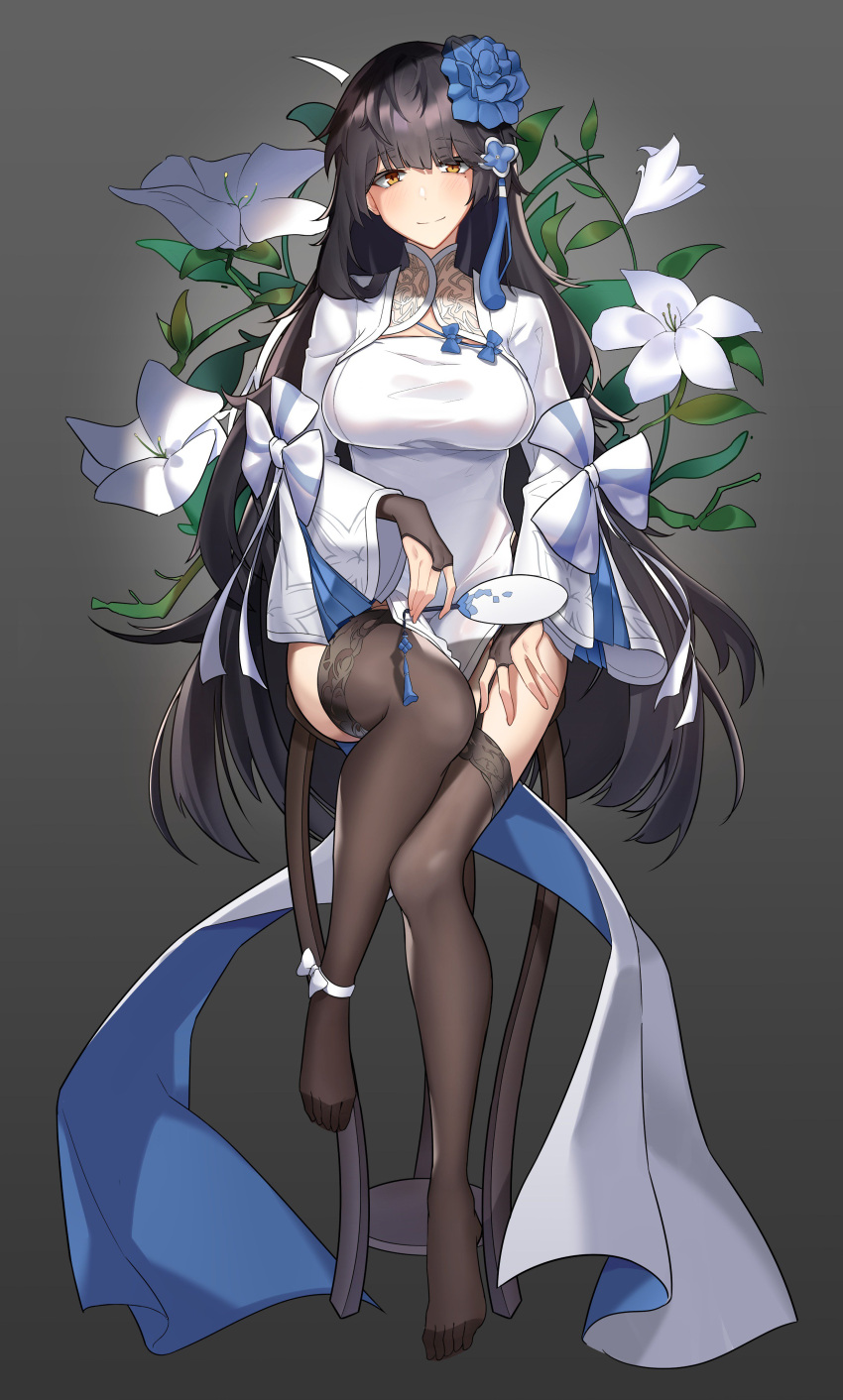 1girl, absurdres, alternate_costume, ankle_ribbon, bangs, black_hair, black_legwear, blue_flower