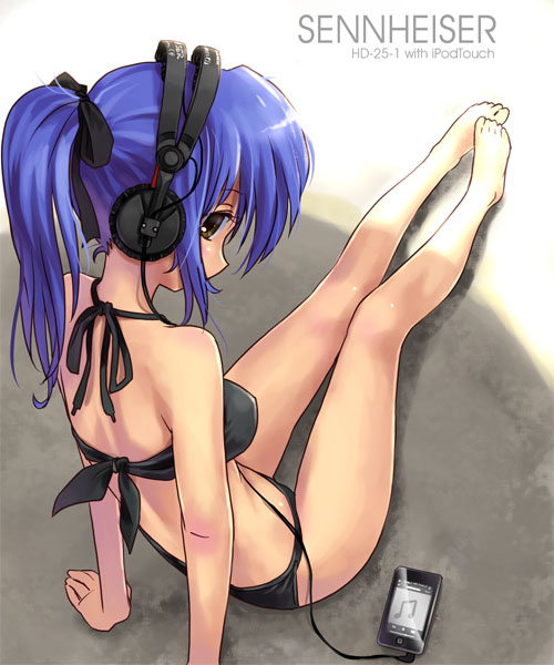 bikini, blue_hair, brown_eyes, feet, headphones, ipod, ipod_touch, katahira_masashi