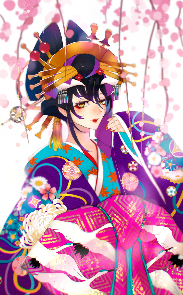 1girl, albedo, alternate_costume, alternate_hairstyle, animal_print, bird, bird_print, black_hair
