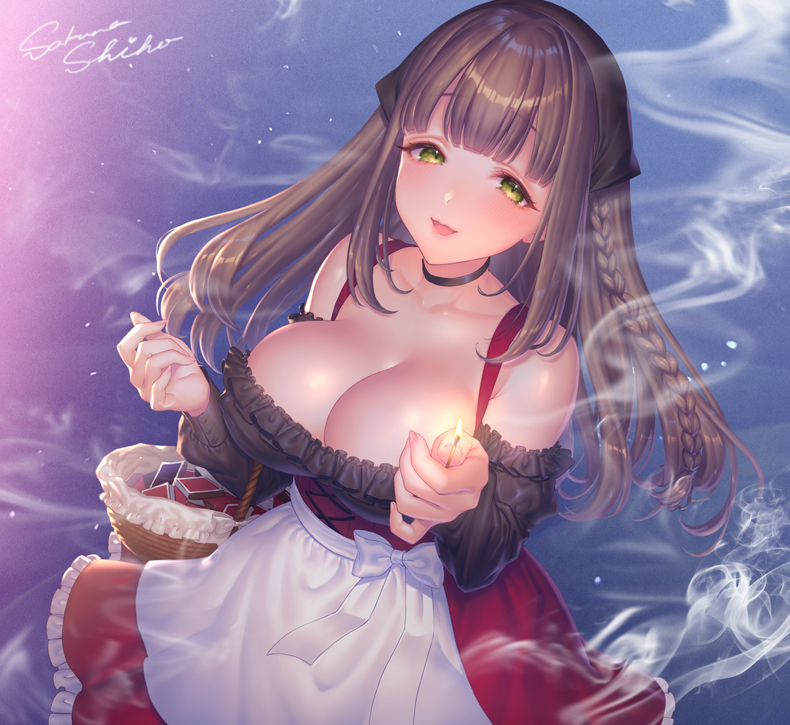 1girl, apron, bare_shoulders, basket, black_choker, blush, braid, breasts, brown_hair, choker, cleavage, commentary_request, dress, eyebrows_visible_through_hair, fingernails, green_eyes, hands_up, head_scarf, holding, large_breasts, little_match_girl, long_hair, looking_at_viewer, matches, nail_polish, open_mouth, original, pink_nails, red_dress, ribbon, sakura_shiho, signature, smile, smoke, solo, suspenders, white_apron, white_ribbon