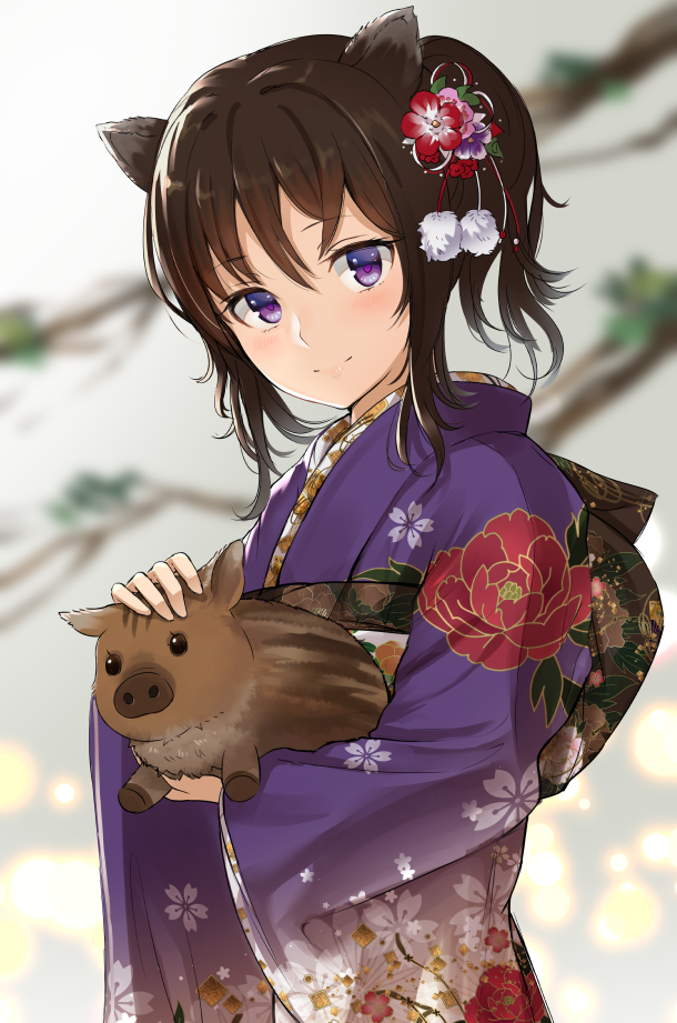 1girl, animal, animal_ears, bangs, blurry, blurry_background, blush, brown_hair