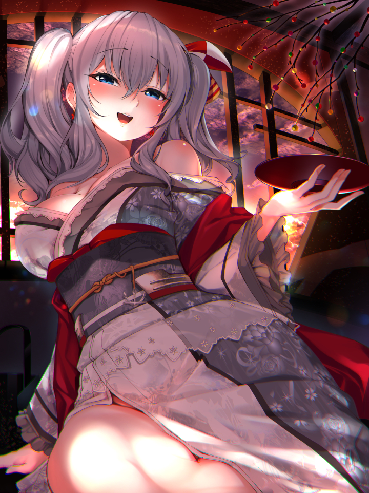 1girl, :d, adapted_costume, anchor_symbol, arm_support, blue_eyes, blush, breasts