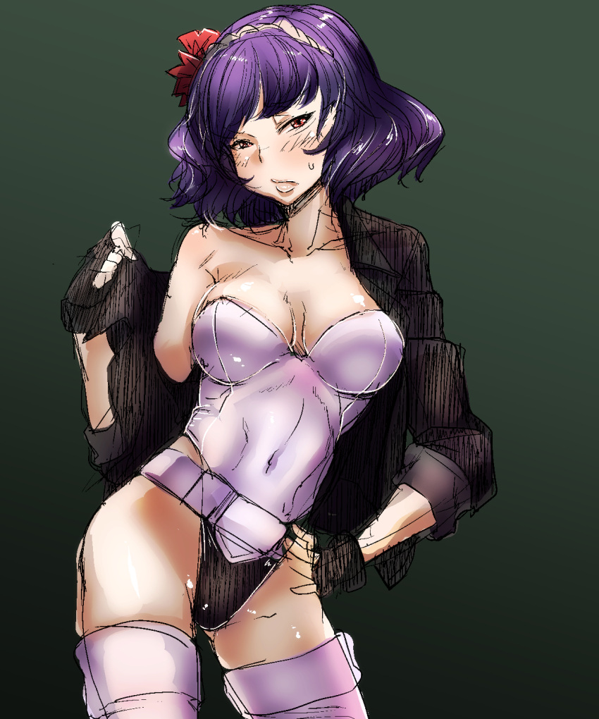1girl, bakuya, bangs, belt, black_gloves, breasts, cleavage, collarbone
