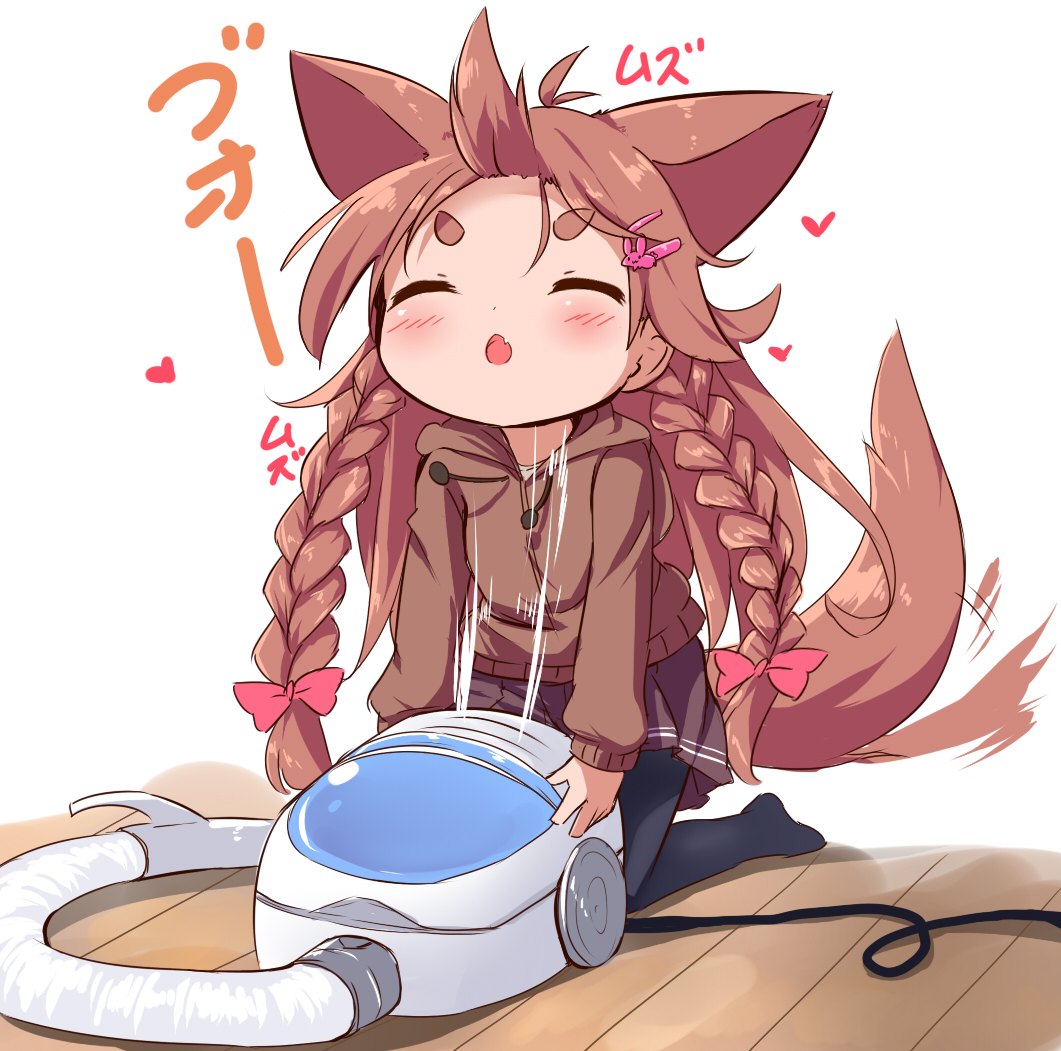 1girl, afterimage, animal_ears, black_legwear, blush, braid, brown_hair, brown_jacket