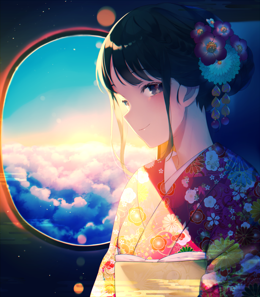 1girl, achiki, bangs, black_hair, blue_sky, blush, brown_eyes, closed_mouth