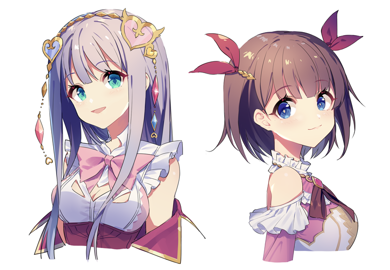 2girls, atelier_(series), atelier_lulua, blue_eyes, bow, bowtie, bright_pupils, brooch, brown_hair, elmerulia_fryxell, eva_armster, grey_hair, hair_ornament, hair_ribbon, hairband, hairclip, heart, heart_hair_ornament, jewelry, long_hair, multiple_girls, pink_bow, red_ribbon, ribbon, sharlorc, short_hair, simple_background, smile, symbol-shaped_pupils, upper_body, white_background