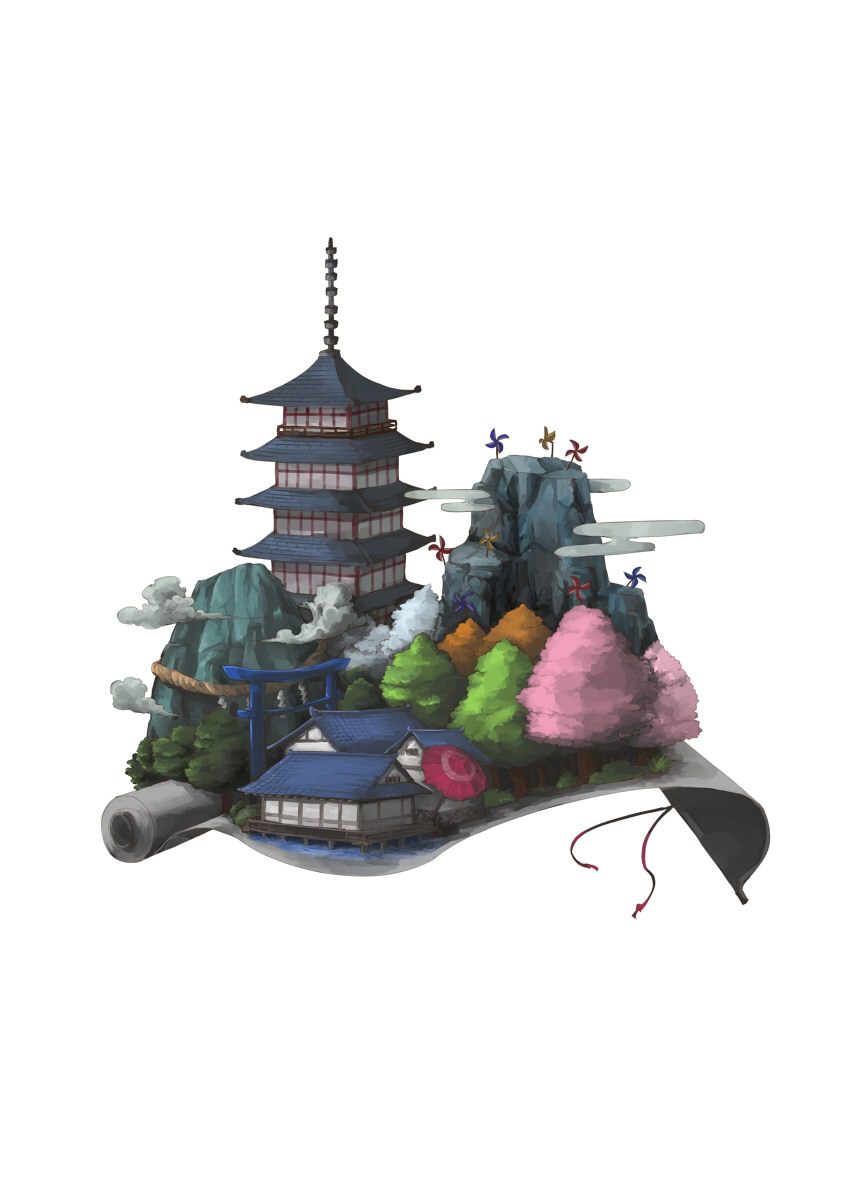 architecture, building, clouds, east_asian_architecture, egasumi, highres, ico6, mountain