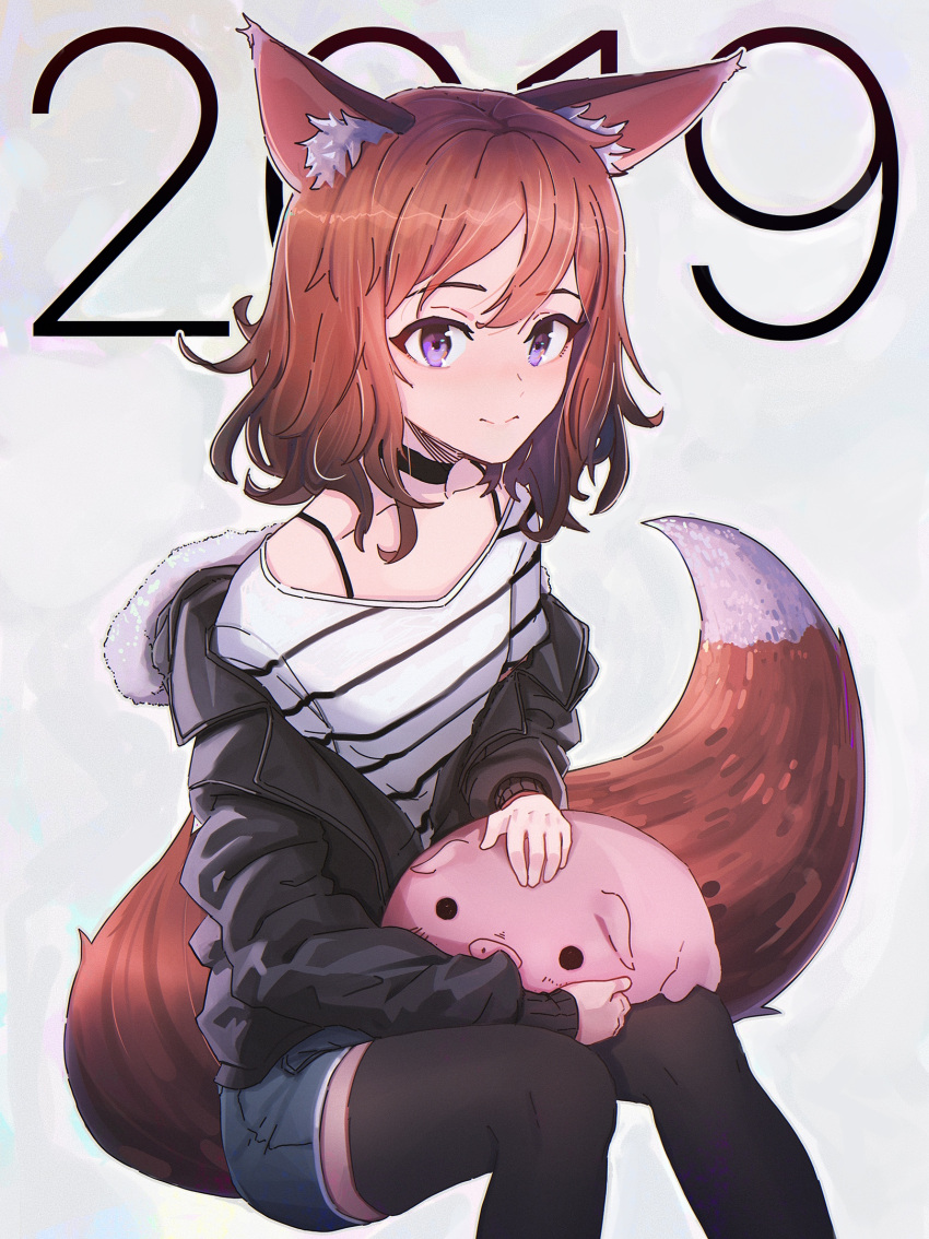 1girl, 2019, animal, animal_ears, blush, closed_mouth, commentary_request, fox_ears