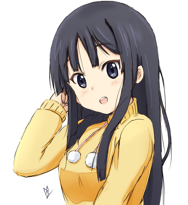 1girl, adjusting_hair, akiyama_mio, arm_up, bangs, black_eyes, black_hair, blush