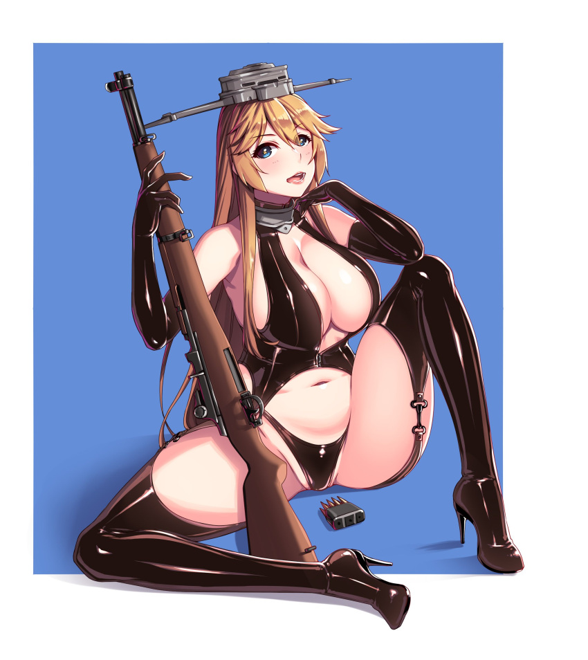 1girl, absurdres, adapted_costume, ammunition, blonde_hair, blue_eyes, boots, breasts