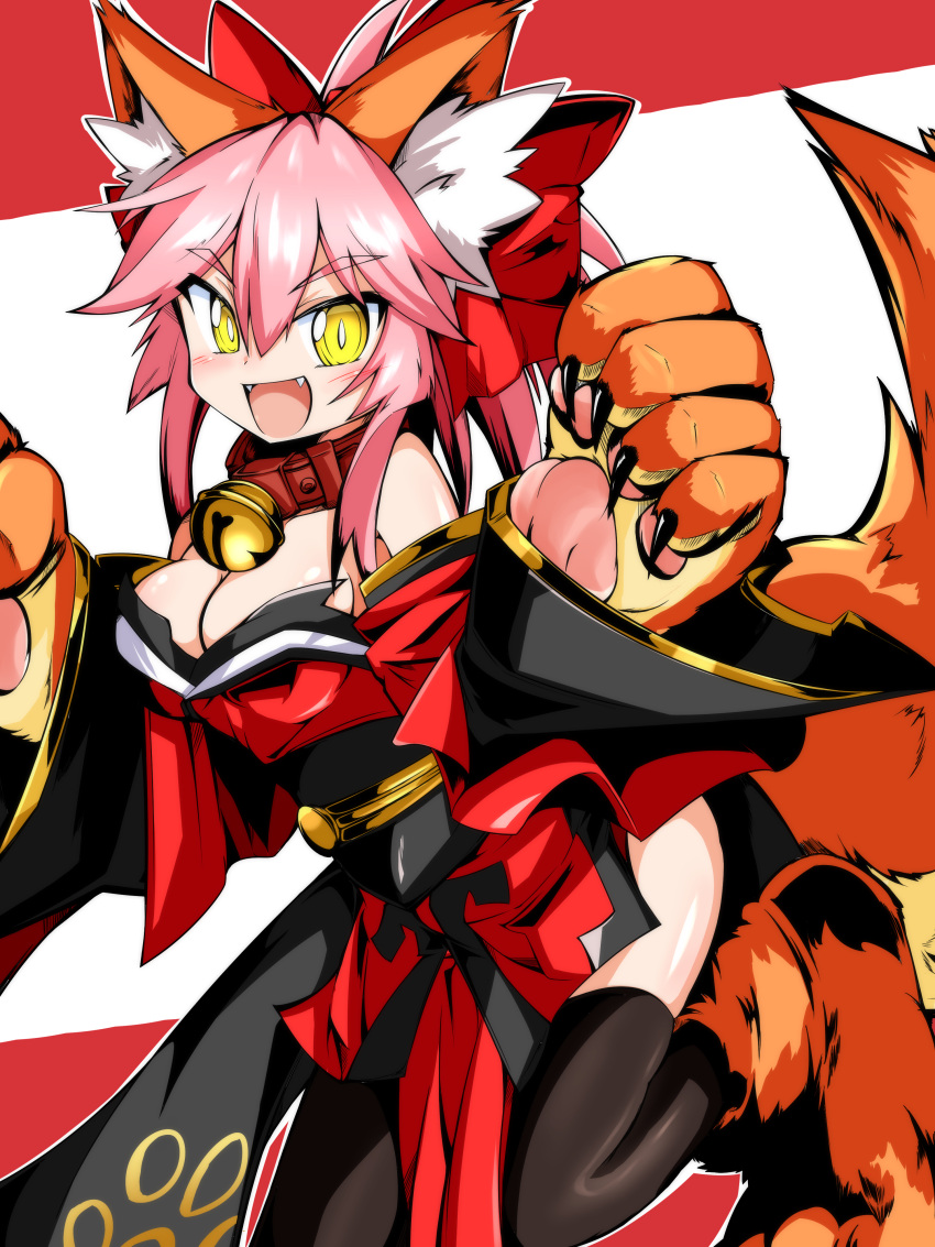 1girl, absurdres, animal_ear_fluff, animal_ears, bakunyuu_gorilla, bell, bell_collar, black_legwear, blush, breasts, cat_paws, cleavage, collar, fangs, fate/grand_order, fate_(series), fox_ears, fox_tail, gloves, hair_ribbon, highres, jingle_bell, large_breasts, long_hair, paw_gloves, paw_shoes, paws, pink_hair, ponytail, red_ribbon, ribbon, shoes, solo, tail, tamamo_(fate)_(all), tamamo_cat_(fate), thigh-highs, yellow_eyes