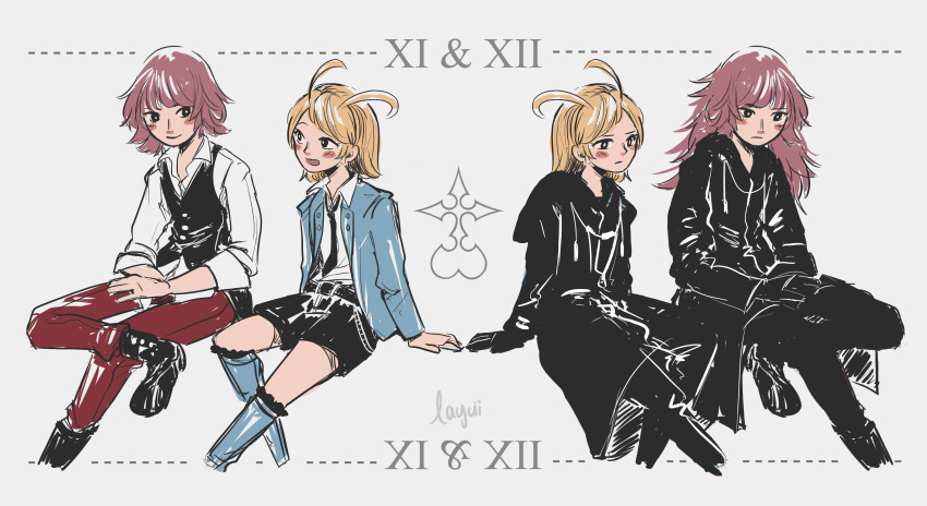 2boys, 2girls, absurdres, artist_name, blonde_hair, blue_eyes, elrena, grey_background