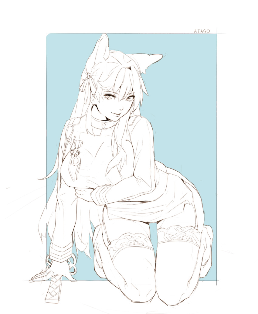 1girl, absurdres, animal_ears, arm_support, atago_(azur_lane), azur_lane, blush, breast_lift