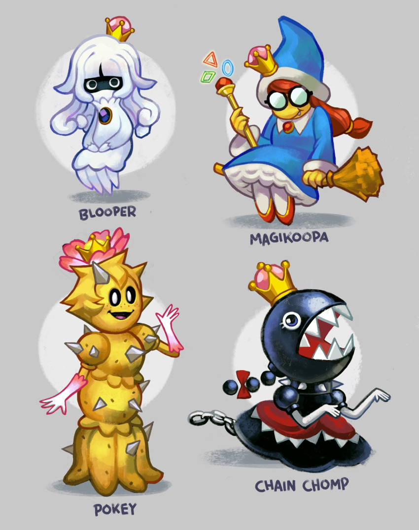 4girls, ballooncar, black_eyes, blooper, bow, chain_chomp, chains, character_name