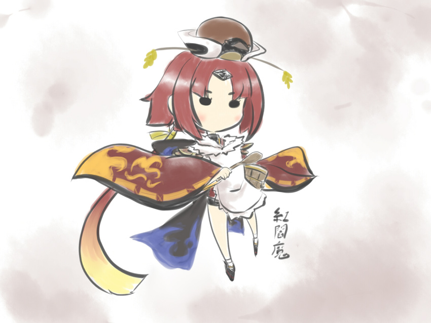 1girl, apron, benienma_(fate/grand_order), blush_stickers, bow, chibi, commentary_request, fate_(series), feathers, full_body, goma_(gomasamune), hat, headpiece, highres, holding, holding_spoon, long_hair, long_sleeves, ponytail, redhead, rice_cooker, rice_spoon, rice_stalk, shoes, short_hair, solo, spoon, standing, translated, wide_sleeves