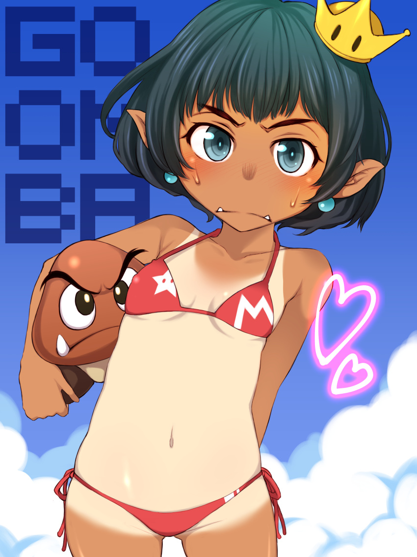 1girl, absurdres, animal, arm_behind_back, bangs, bikini, blue_earrings, blush